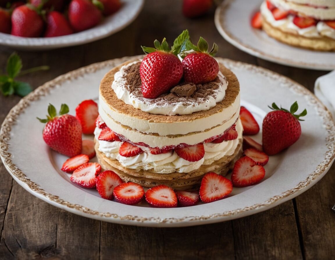 Schichten aus Biskuits, Mascarpone, Erdbeeren bilden - Italienisches Erdbeer-Tiramisu Rezept: Ein Genuss für jeden Anlass
