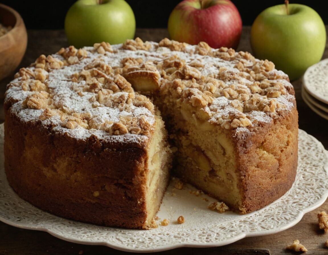 Kuchen vor dem Backen großzügig bestreuen - Omas Apfelkuchen Rührteig mit Streusel: Ein traditionelles Rezept für jeden Anlass