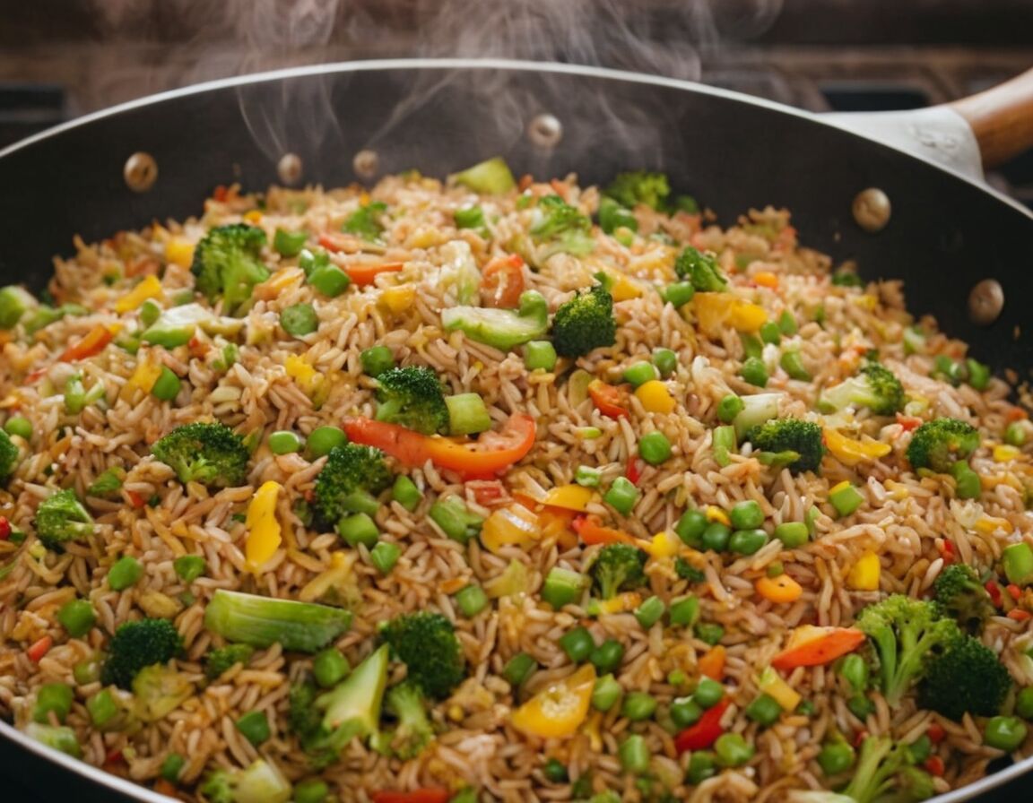 Reis hinzufügen, alles gut vermengen und würzen - Schnelle Reispfanne mit Gemüse: Ein einfaches Rezept für gesunde Mahlzeiten in 30 Minuten