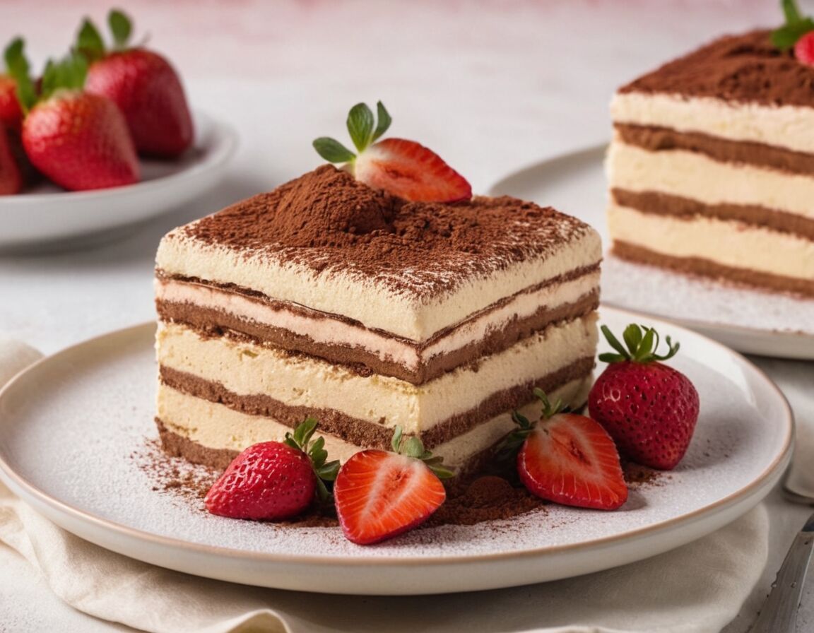 Mit Kakaopulver und Erdbeerscheiben dekorieren - Italienisches Erdbeer-Tiramisu Rezept: Ein Genuss für jeden Anlass